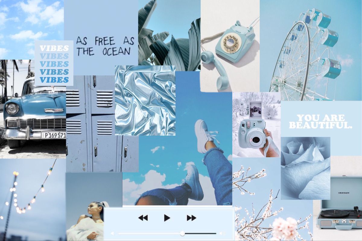 Collage of blue and white aesthetic pictures including a ferris wheel, a polaroid camera, and a blue car. - Light blue, blue