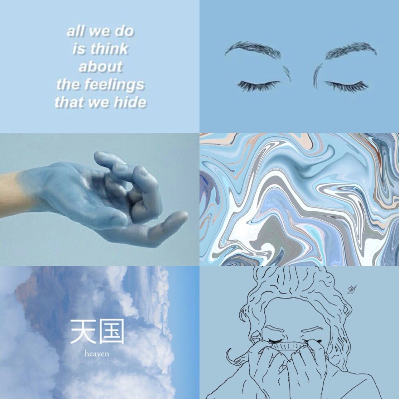 Aesthetic collage of blue hands, clouds, and the word 