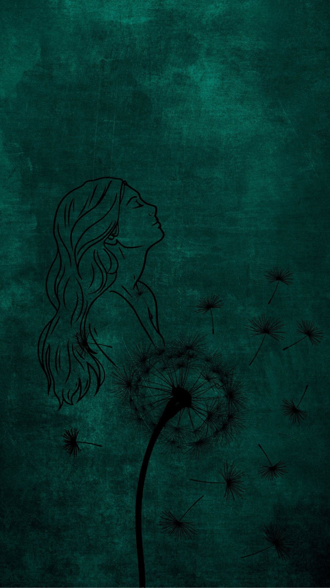 Girl blowing dandelion on a green background - Dark green, Goblincore