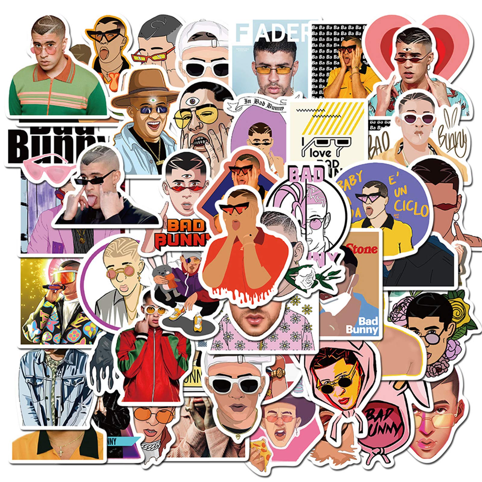 A collage of different stickers of the band members and their logo - Bad Bunny