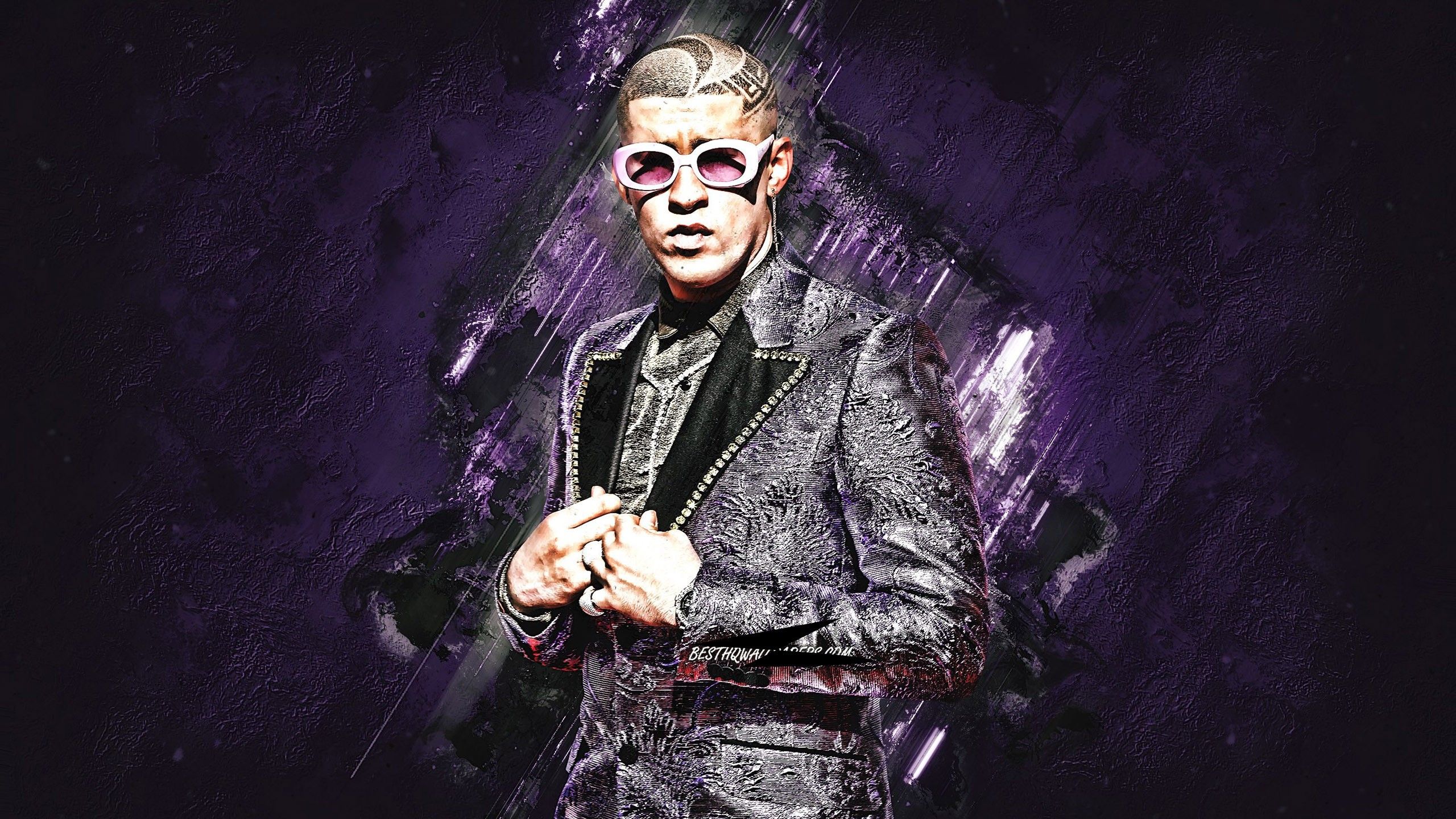 A man in purple glasses and suit - Bad Bunny