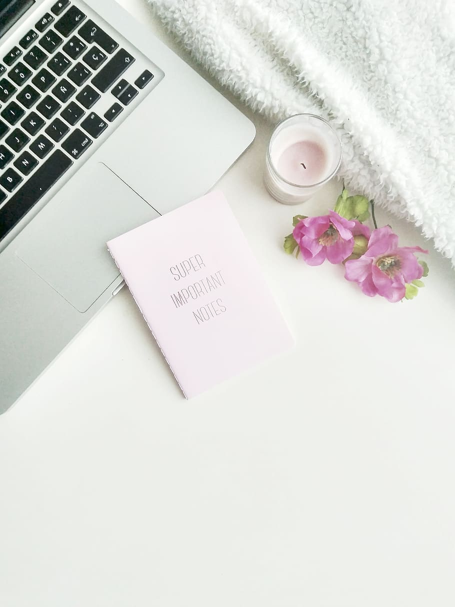 flat lay, white background, laptop