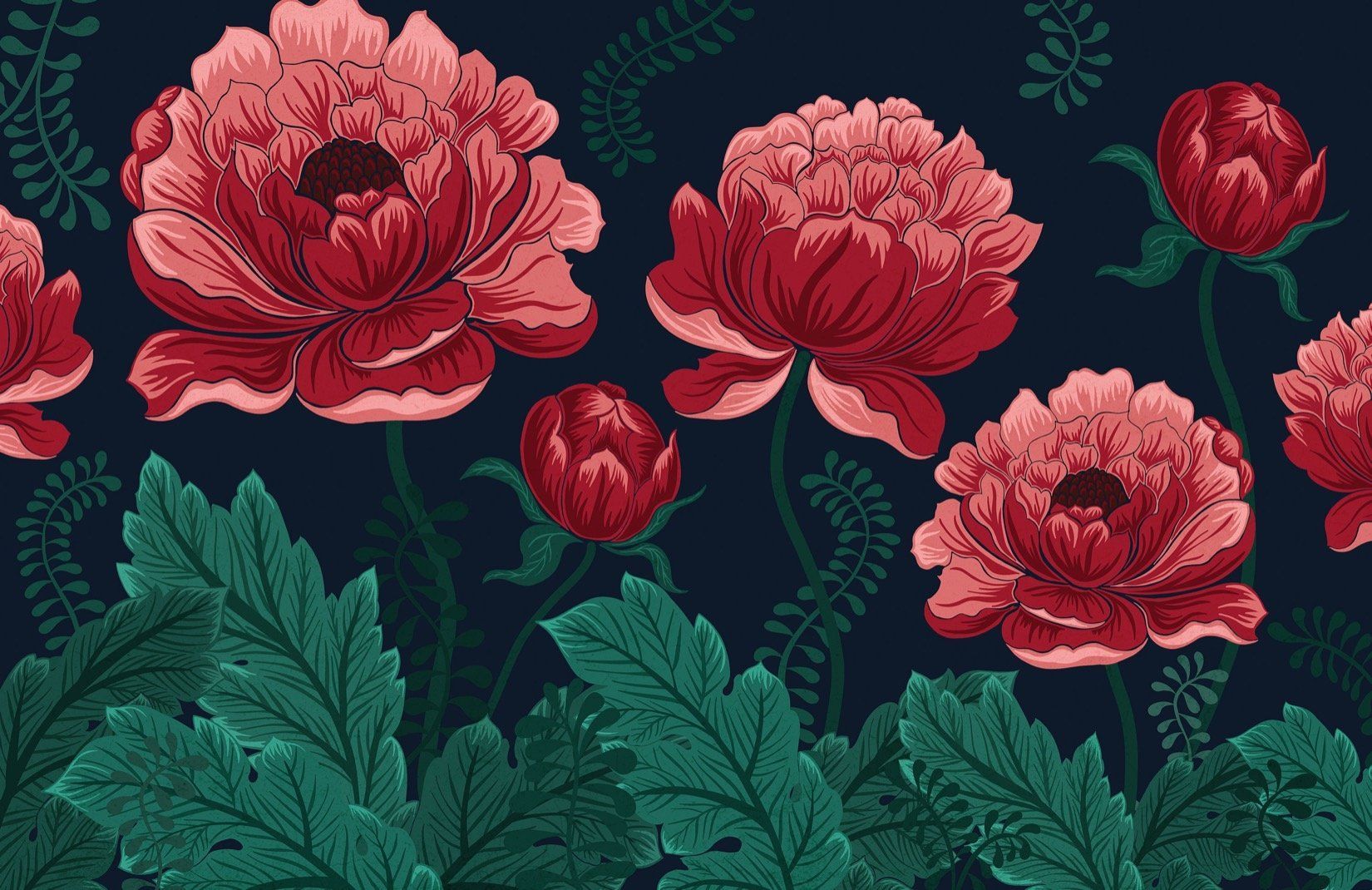 A seamless pattern of red flowers and leaves - Dark green