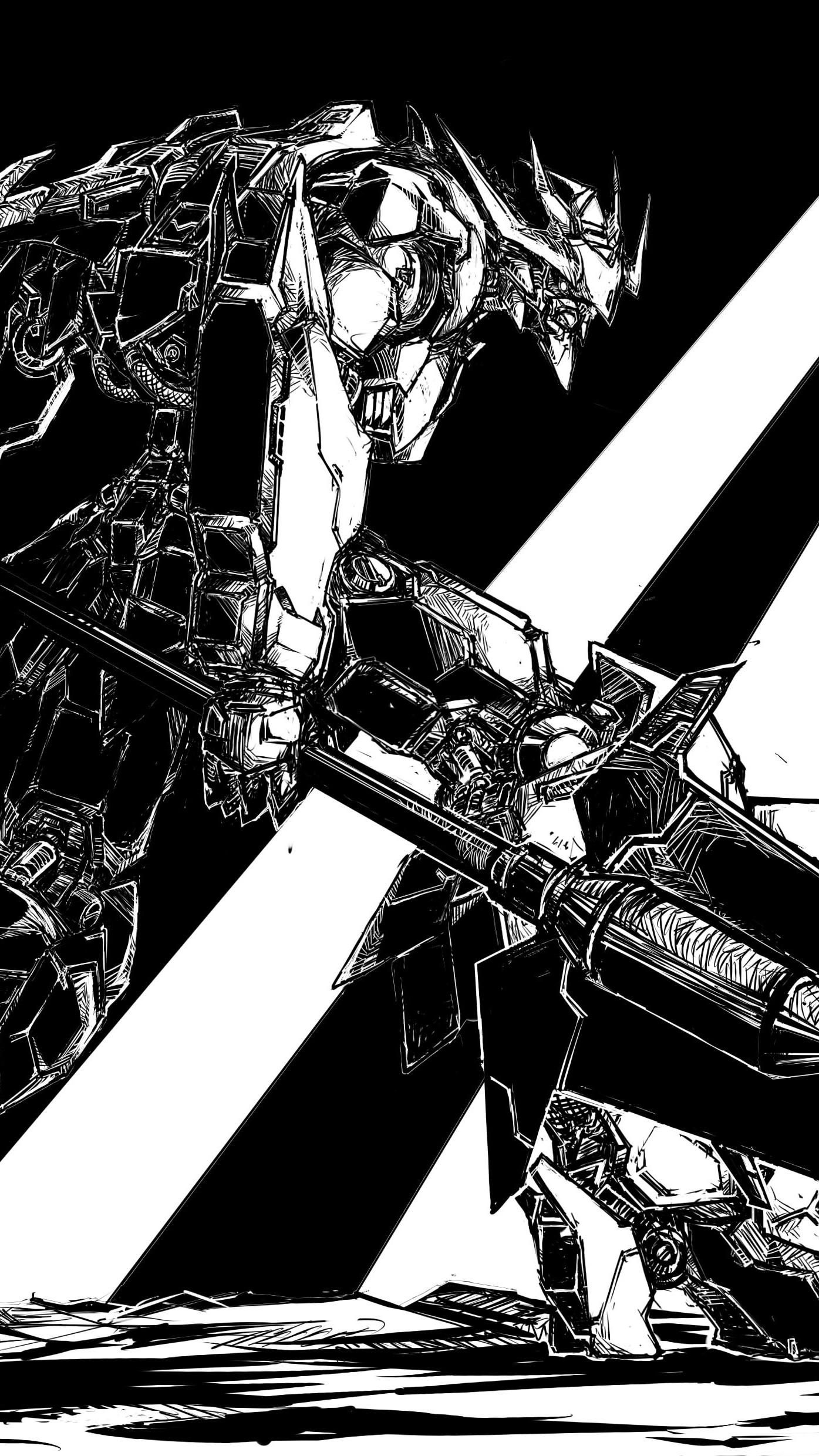 A black and white drawing of an armored robot - Dark anime