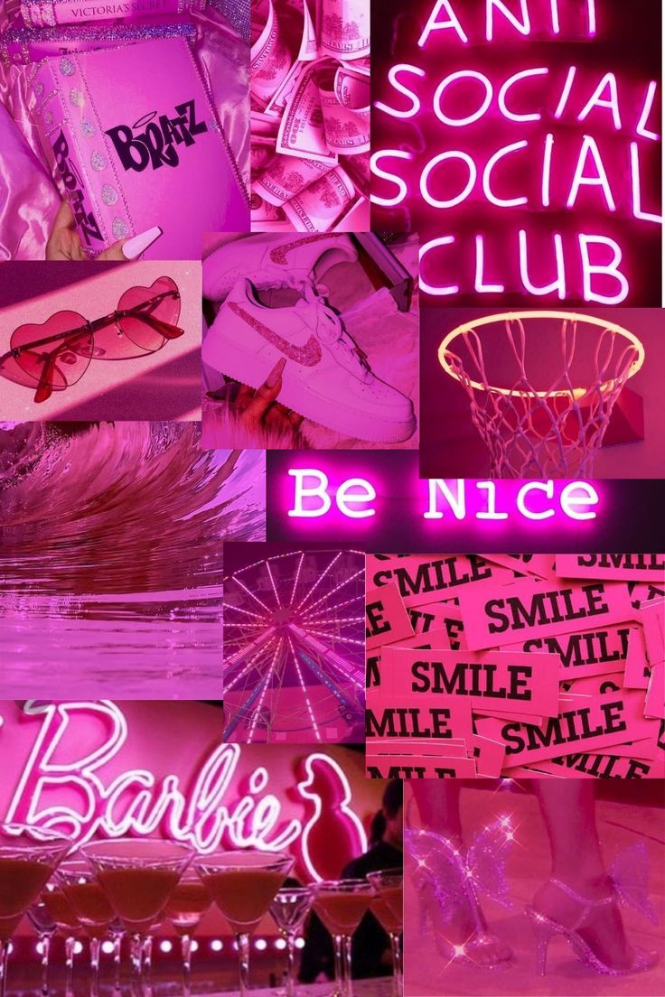 A collage of pink neon signs and barbie dolls - Hot pink