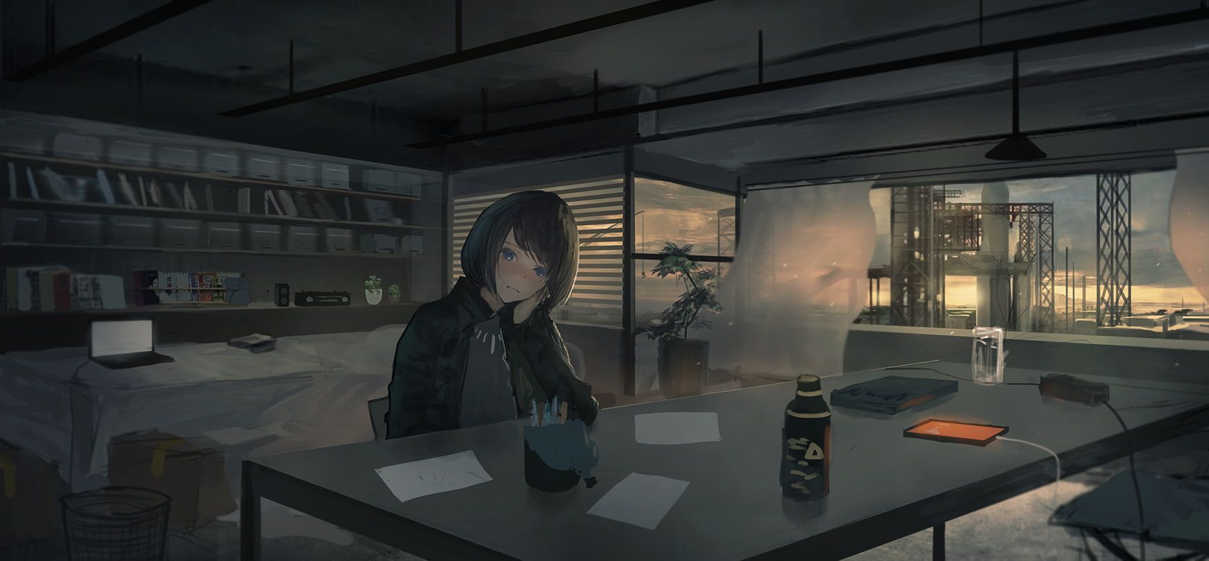 A woman sits at a desk in a darkened room. - Dark anime