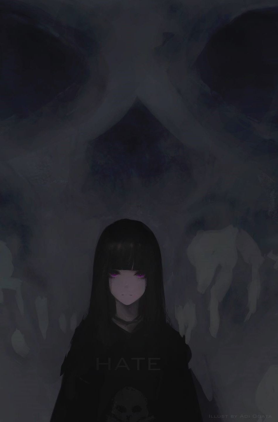 A girl with long black hair and purple eyes stands in front of a wall of hands. - Dark anime, black anime