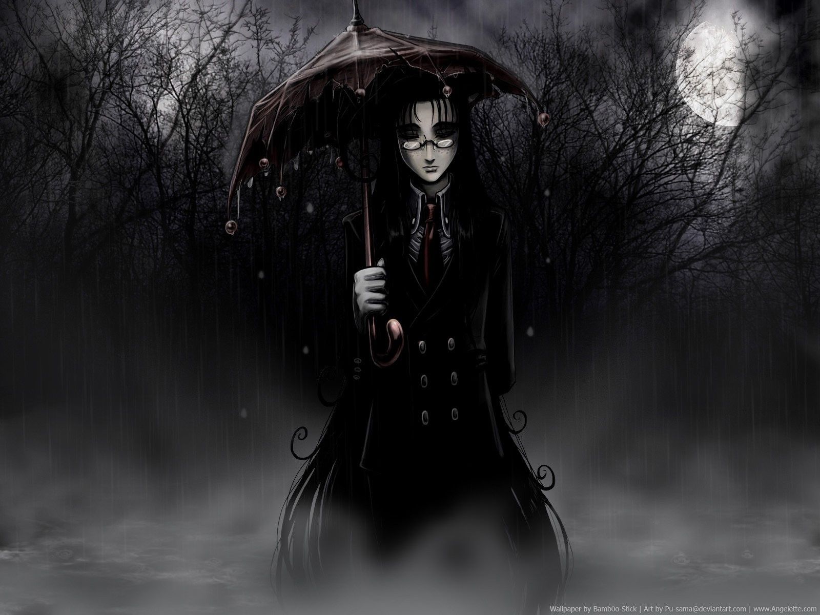 Gothic wallpaper with a gothic girl with umbrella in the rain - Dark anime, black anime