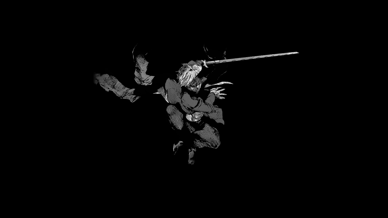 A black and white image of an arm holding up two swords - Dark anime, black anime