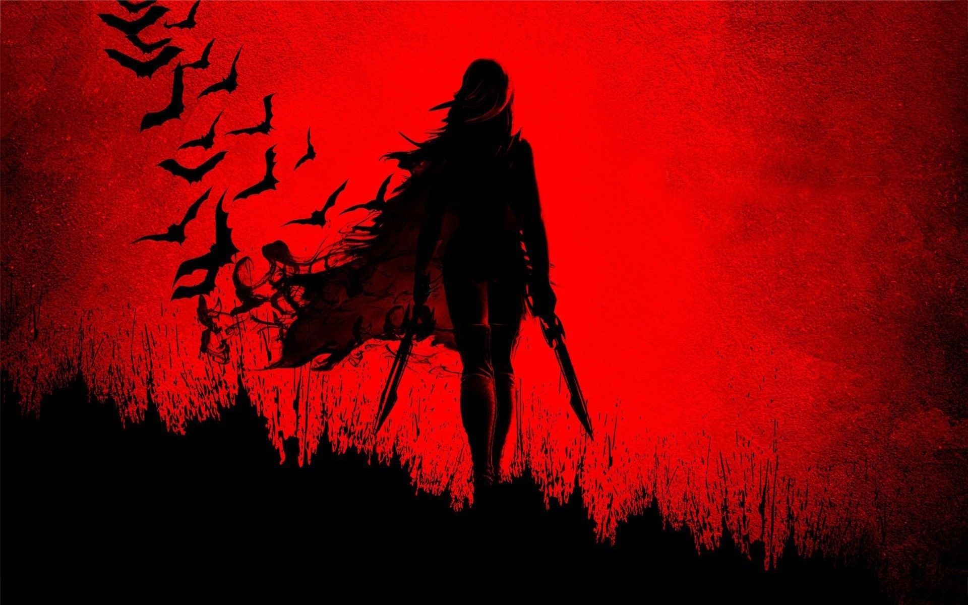 A red and black image of a woman with a cloak and two knives, walking away from a child lying on the ground with a flock of crows flying above. - Crimson, dark anime, black anime