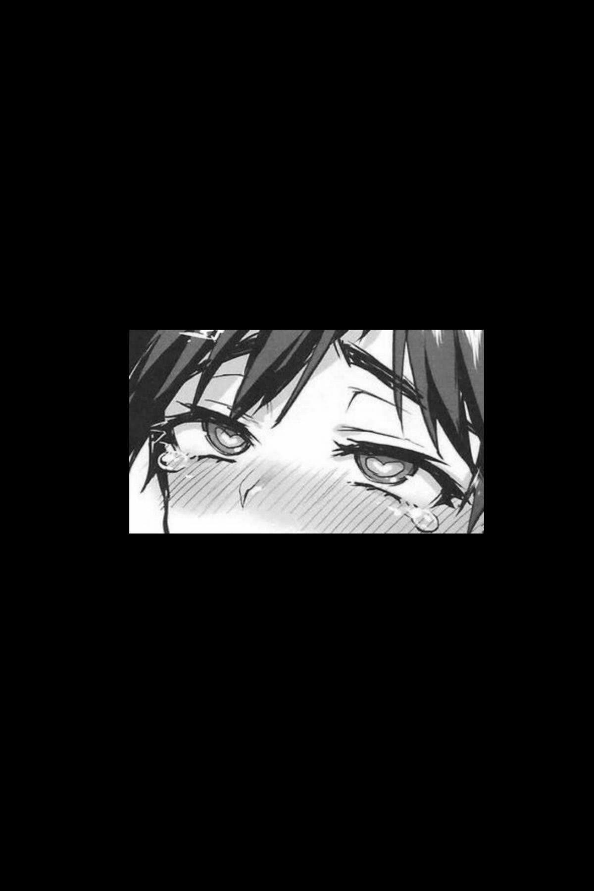 A black and white manga panel of a close-up of a girl's face. Her eyes are closed and she has a tear rolling down her cheek. - Dark anime