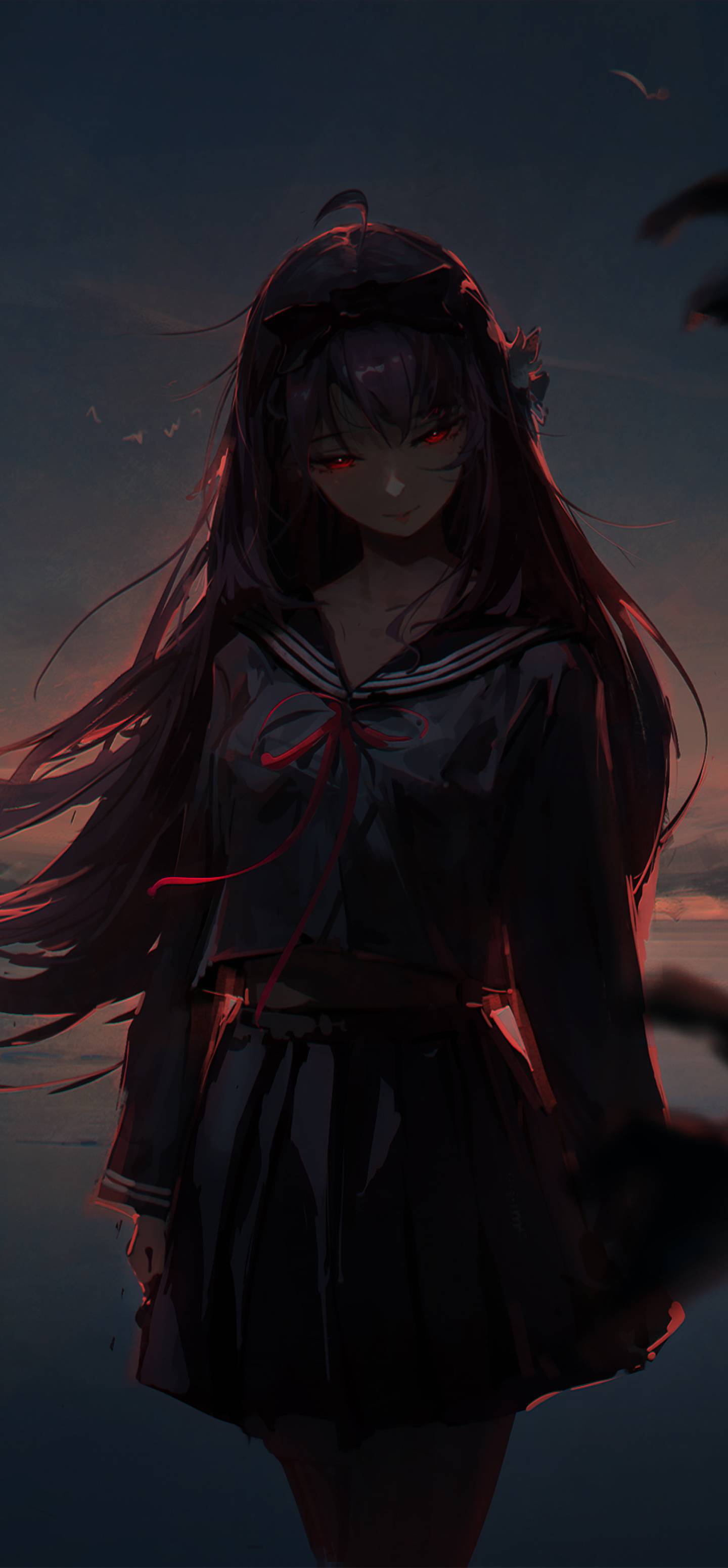 A girl with long hair is standing in front of the ocean - Anime girl, dark anime