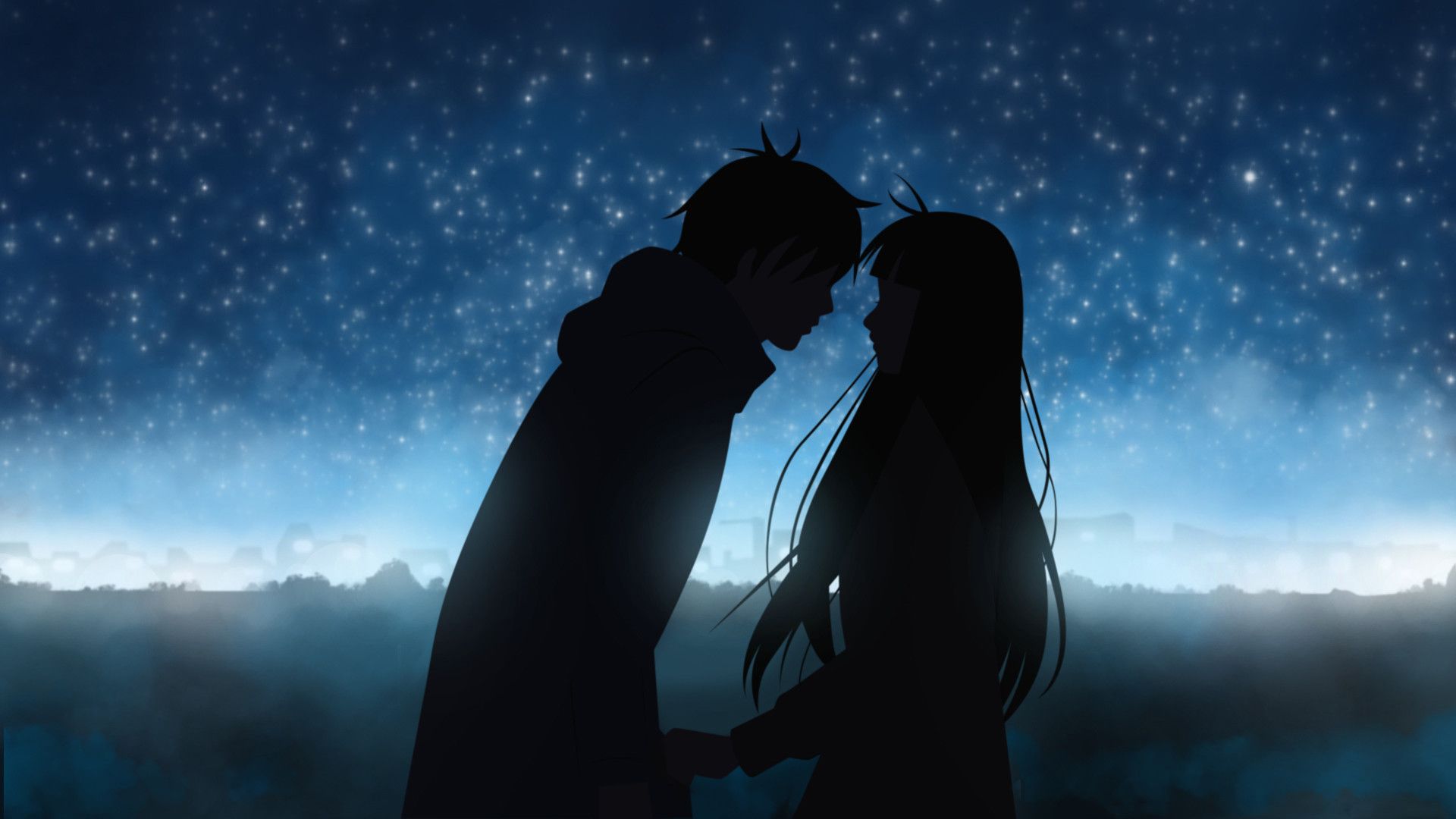 A silhouette of a man and woman standing under a starry sky - Dark anime