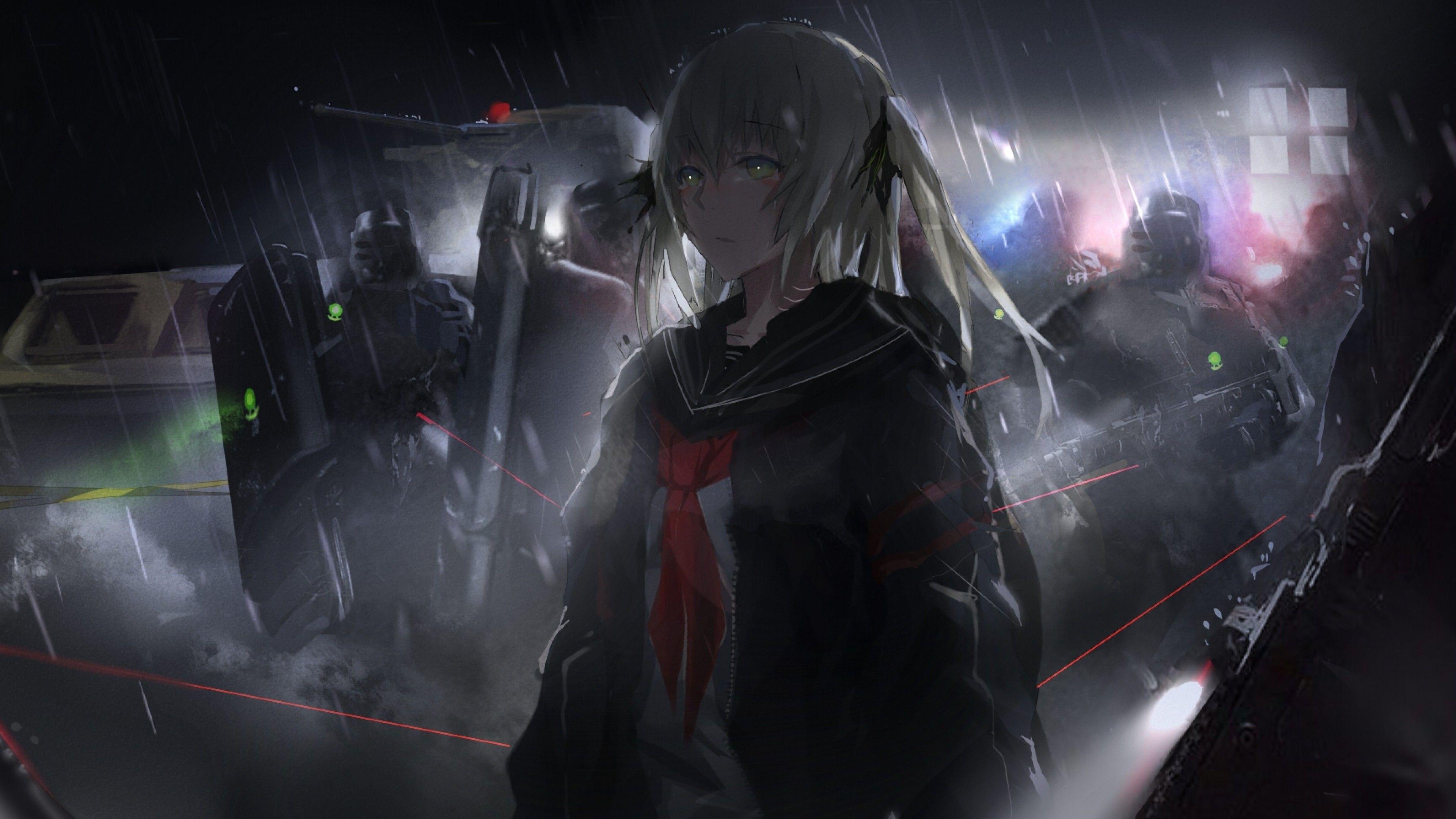 Anime girl with a gun, cyberpunk, 4k, anime, weapons, rain, night, neon, wallpaper background - Dark anime, black anime