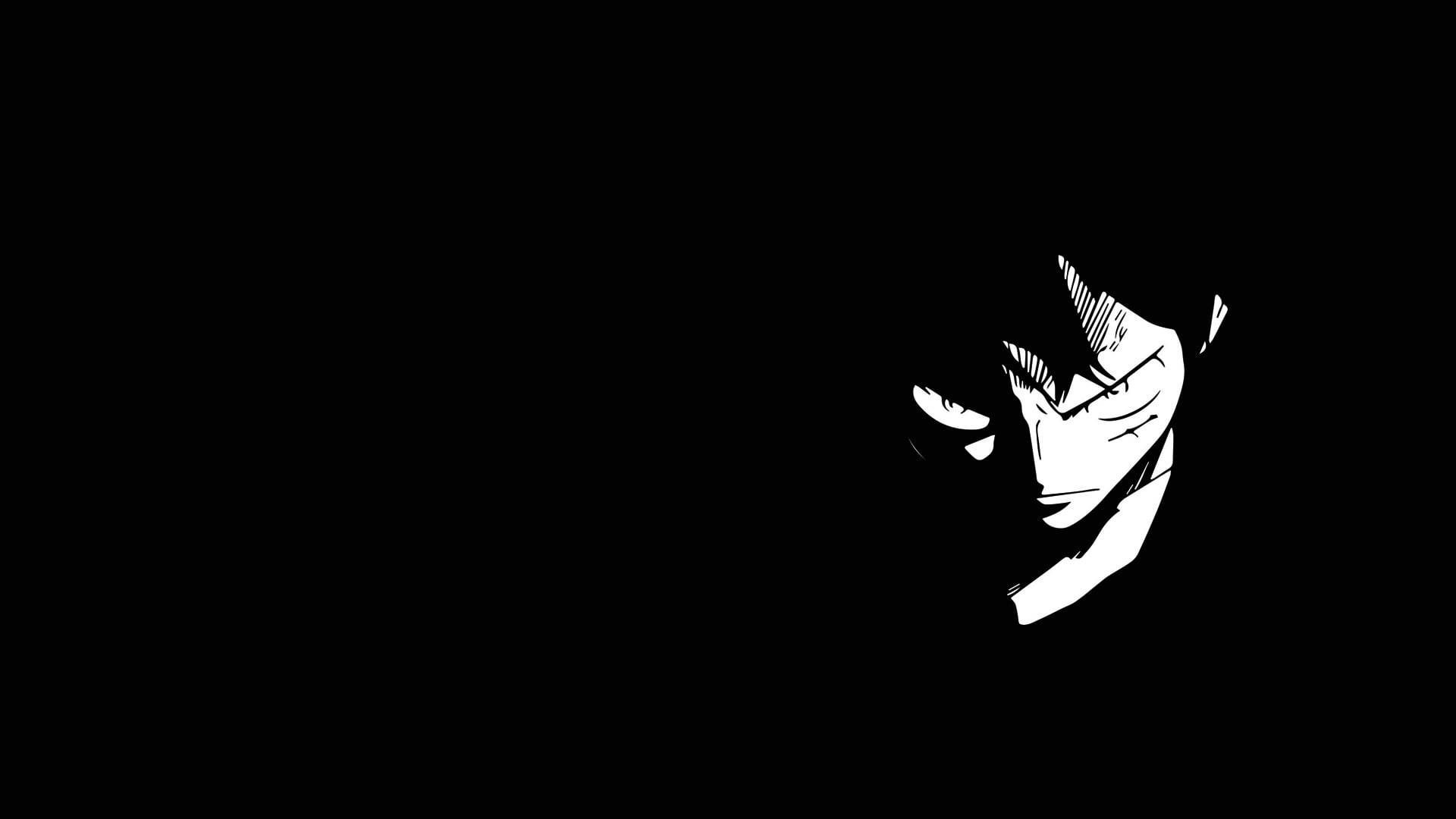 One Piece anime black background with white outline of Luffy's face - Dark anime, black anime