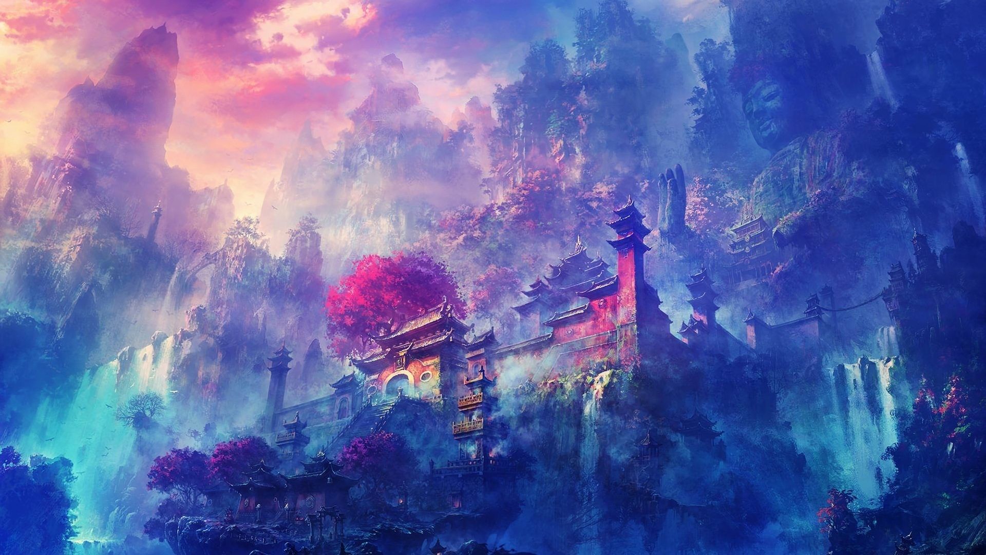 A beautiful digital painting of a fantasy castle in the mountains - Anime landscape