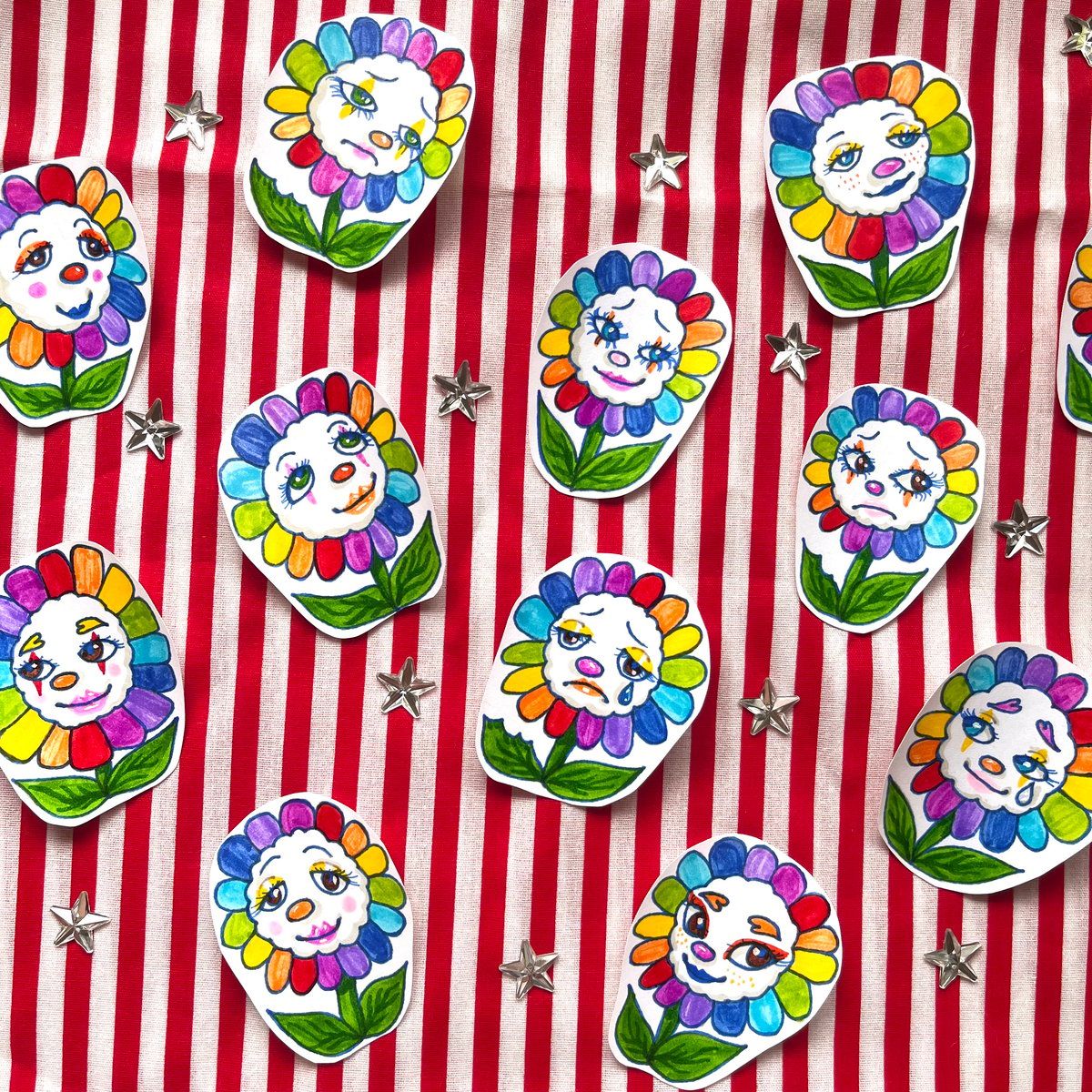 Hand Drawn Clown Flower Stickers