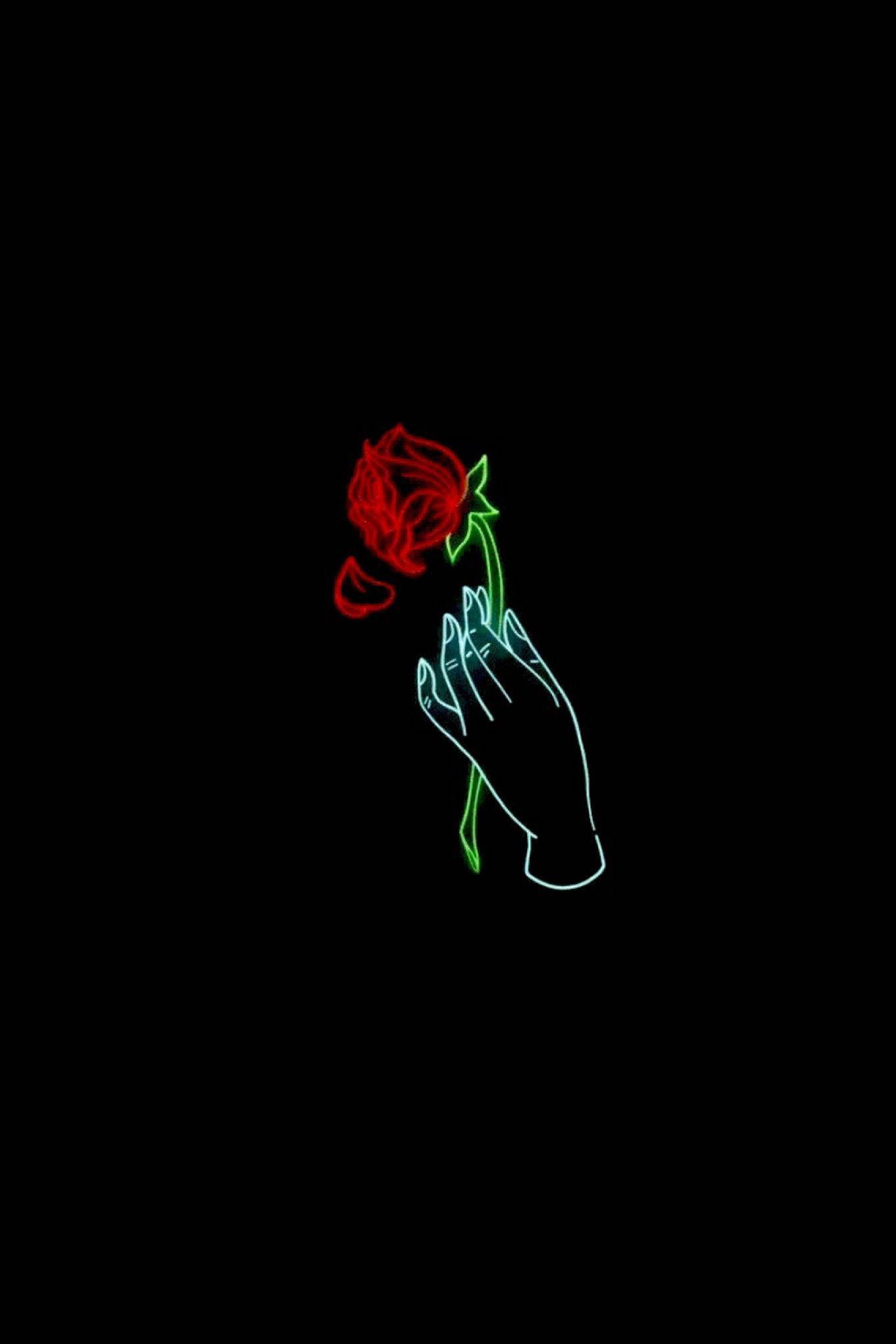 Download Black Aesthetic Rose Hand Neon Lights Wallpaper