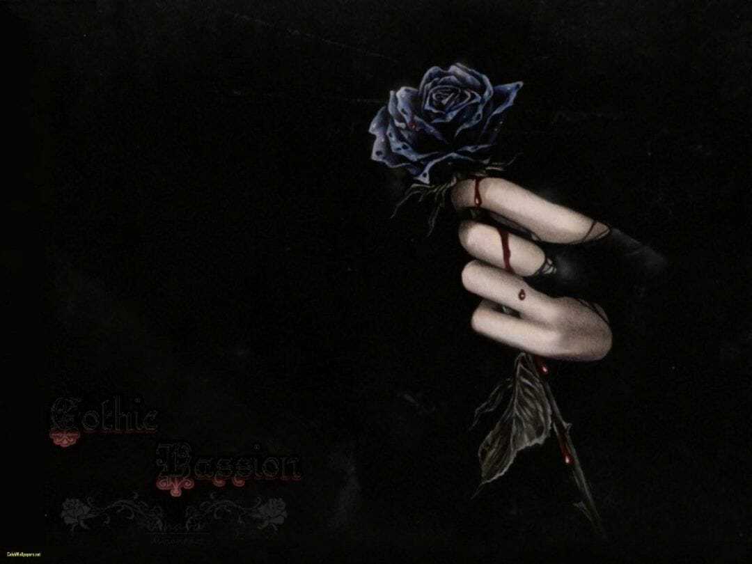 A gothic wallpaper of a girl holding a black rose with blood on her fingers. - Black rose