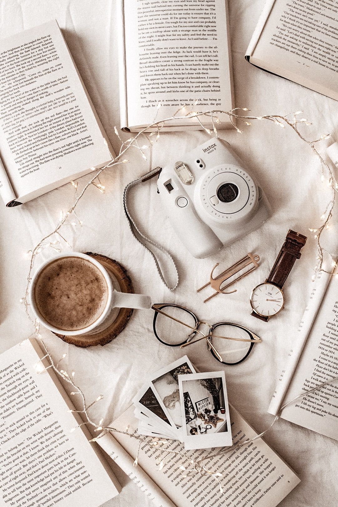 A cup of coffee and some books on the bed - Books, minimalist beige, coffee