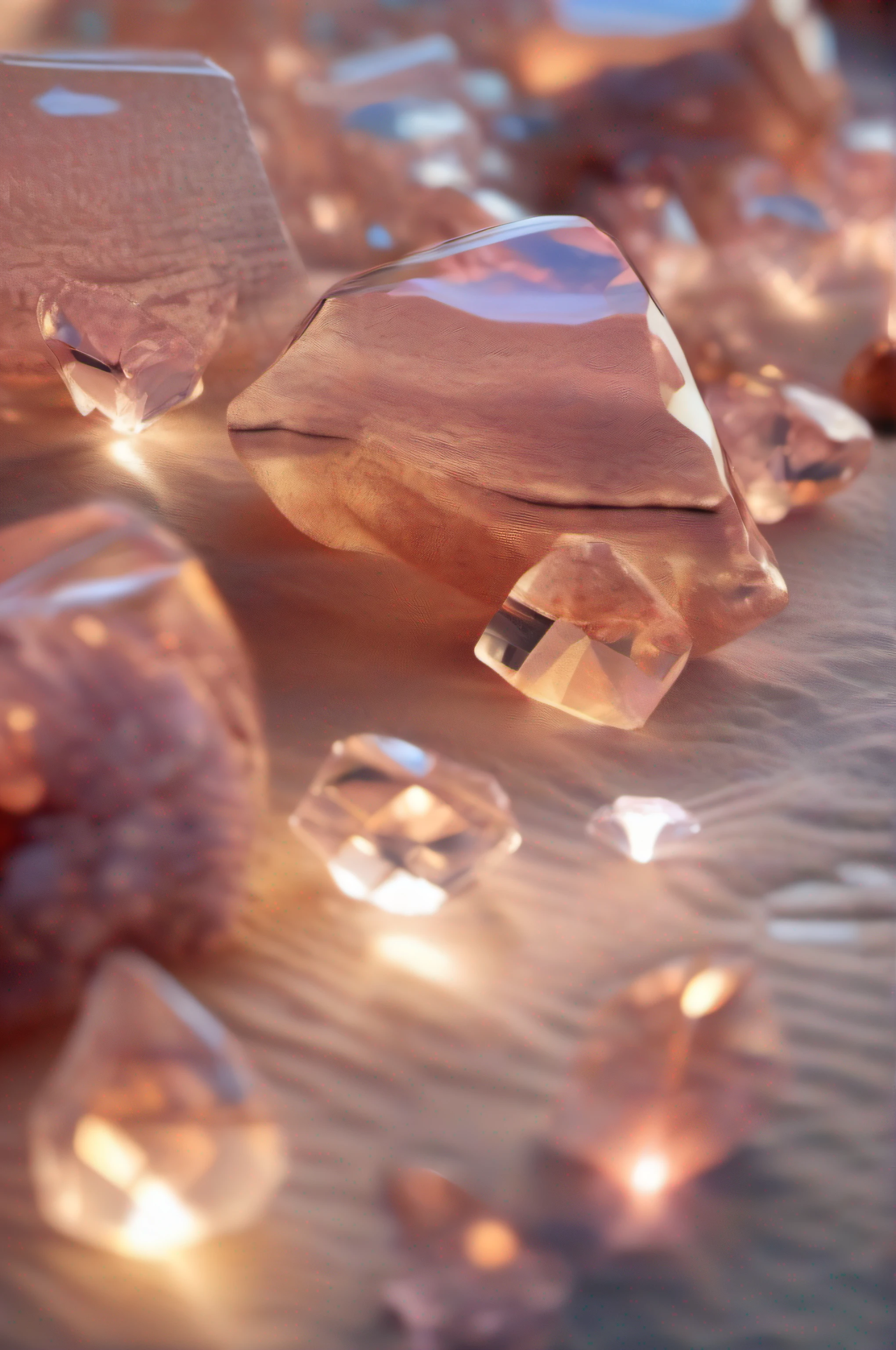 pink crystals on a table