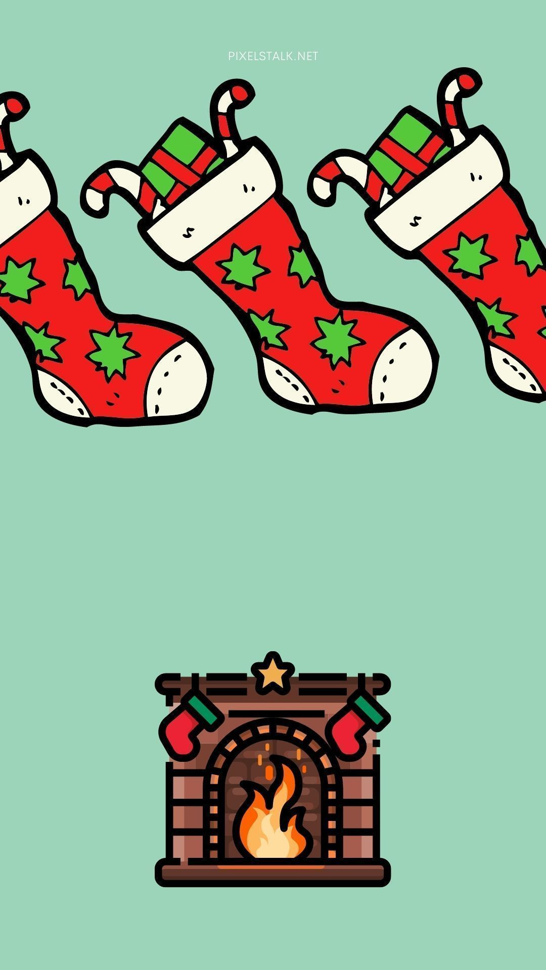 A christmas themed image with three stockings hanging over the fireplace - Christmas iPhone, cute Christmas