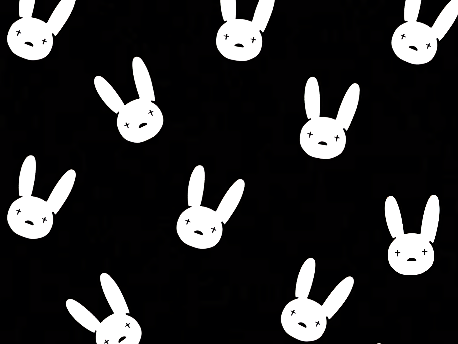 A black and white image of a group of rabbits with sad faces on a black background - Bad Bunny