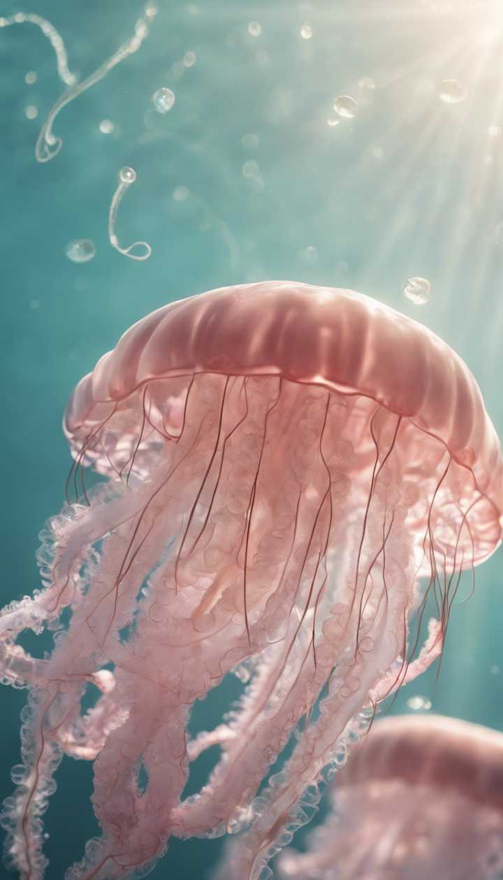 A delicate pink jellyfish with long