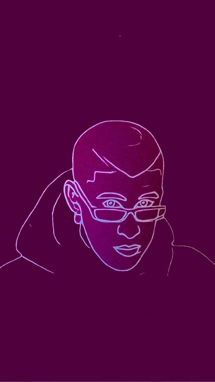 A purple neon illustration of a man with glasses and a shaved head - Bad Bunny