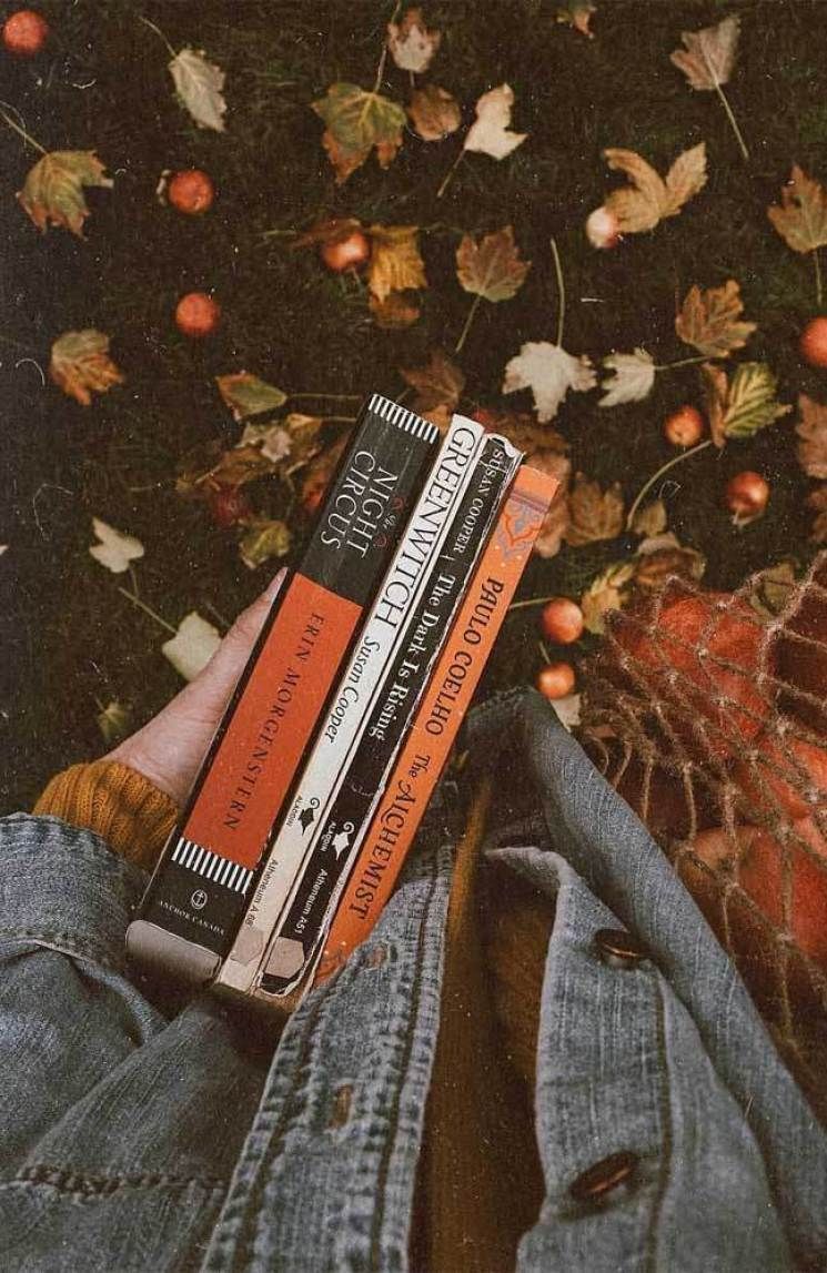 A person holding three books in their hand with fall leaves in the background. - Vintage fall