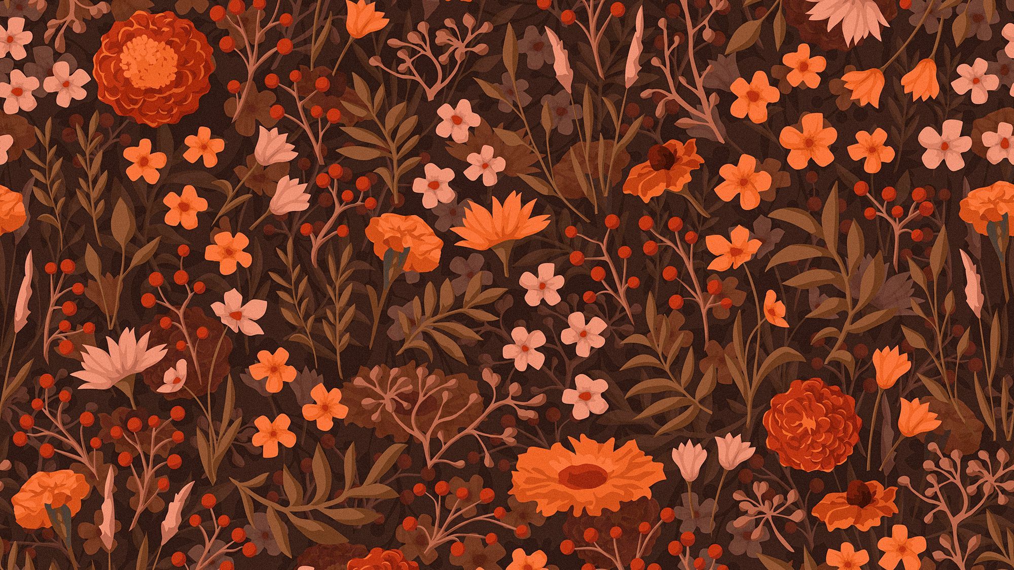 A brown wallpaper with orange and white flowers - Vintage fall