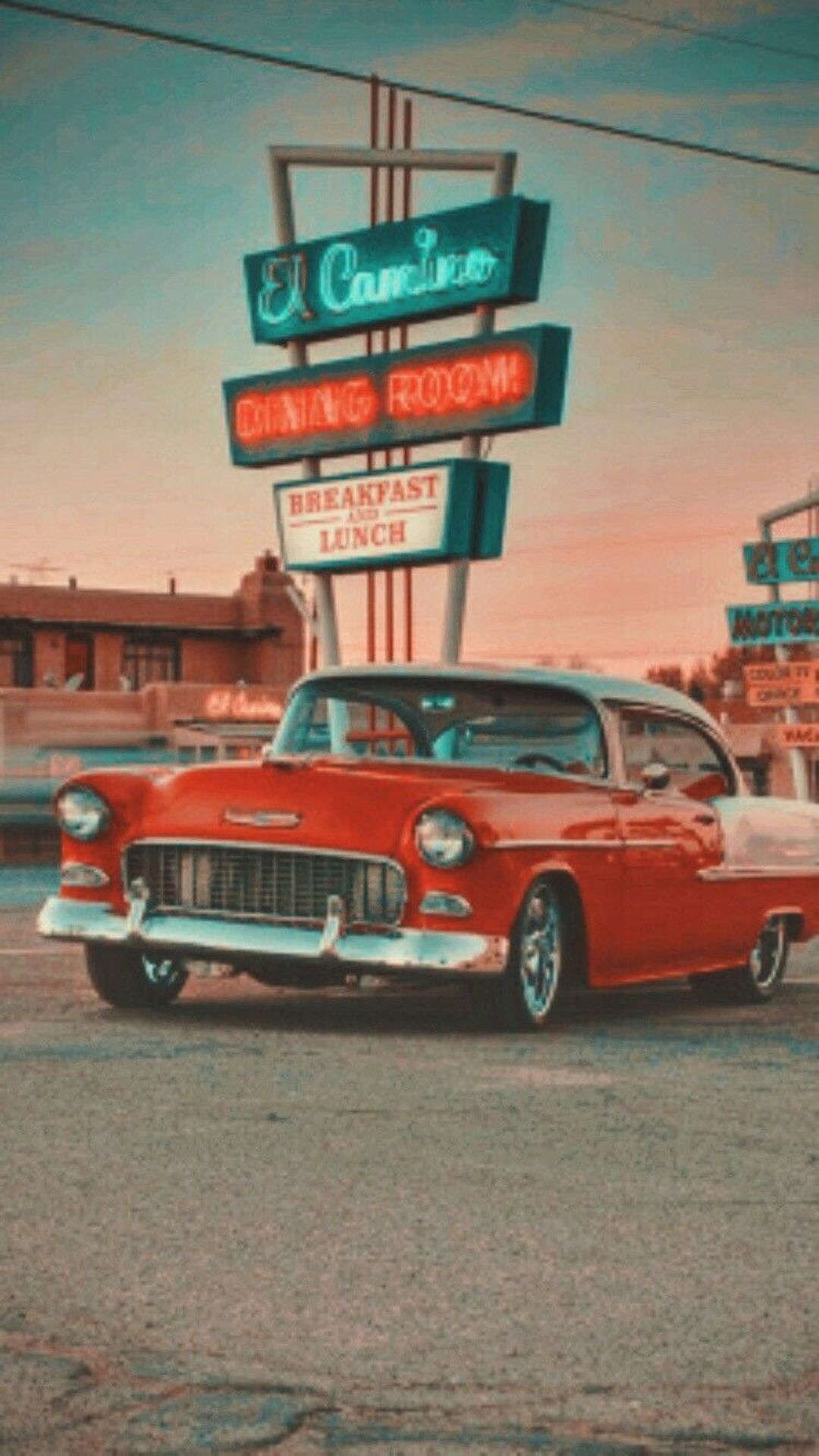 A red car parked in front of an old motel - Vintage fall, 80s, cars, retro, vintage, 60s, 50s