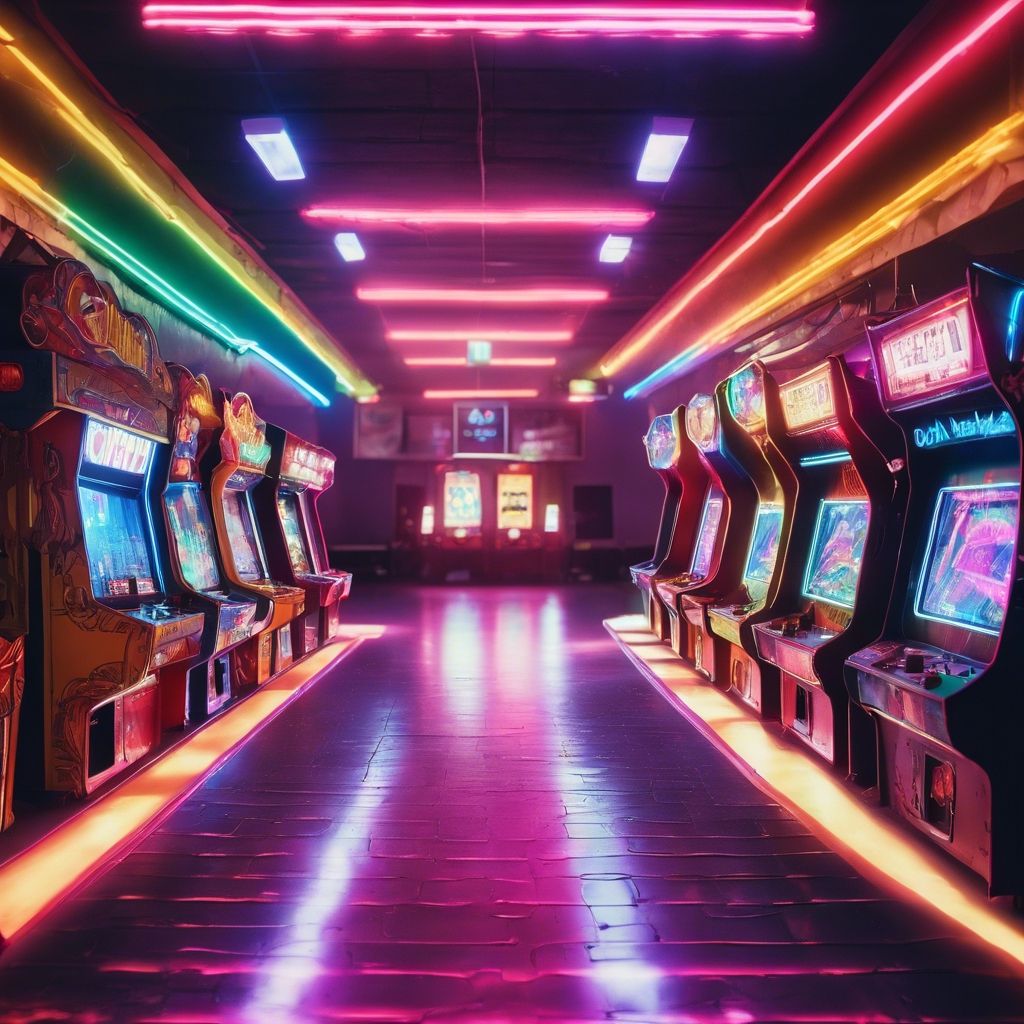 An arcade in the 80s with neon rainbow