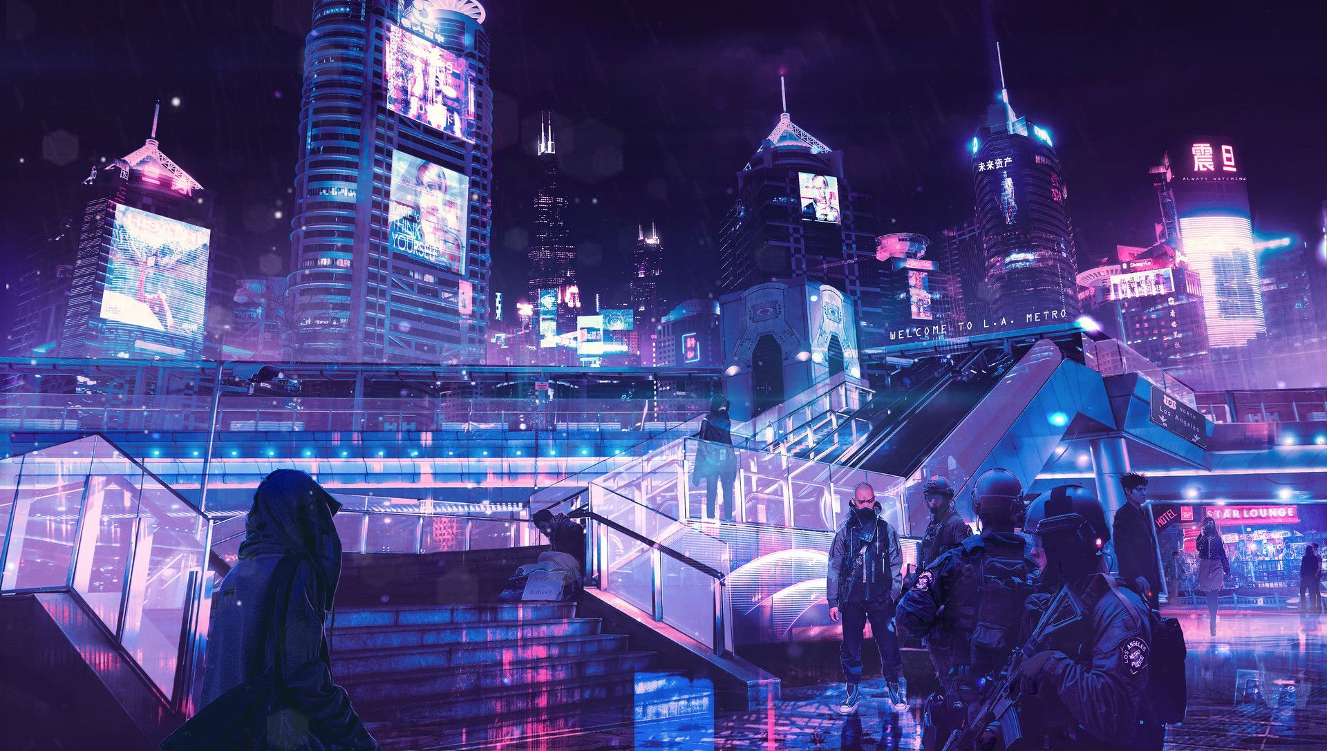 Wallpaper 1920x568 city night, neon lights - City, Cyberpunk, anime city