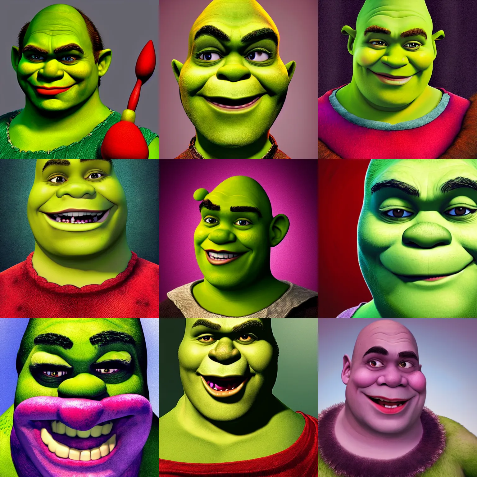 shrek portrait, he is wearking clown