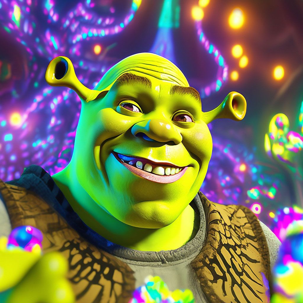 Psychedelic, funny shrek , smiling