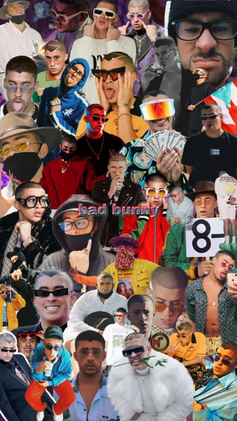 A collage of pictures with many different people - Bad Bunny