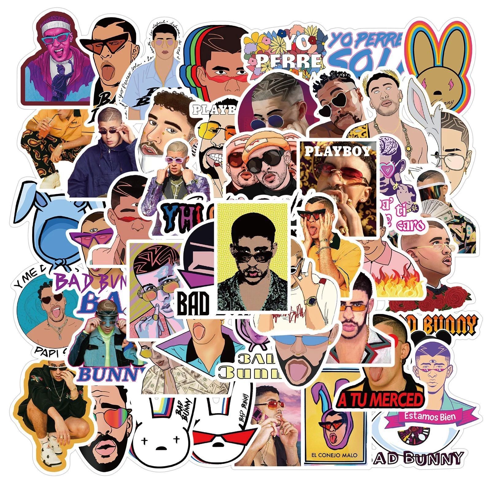 A collection of stickers with various images - Bad Bunny