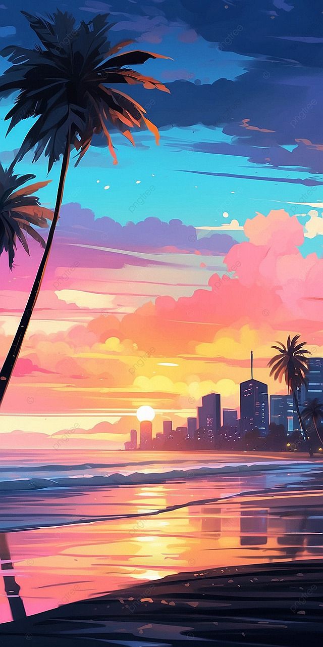 Vibrant Sunset Beach With Palm Trees