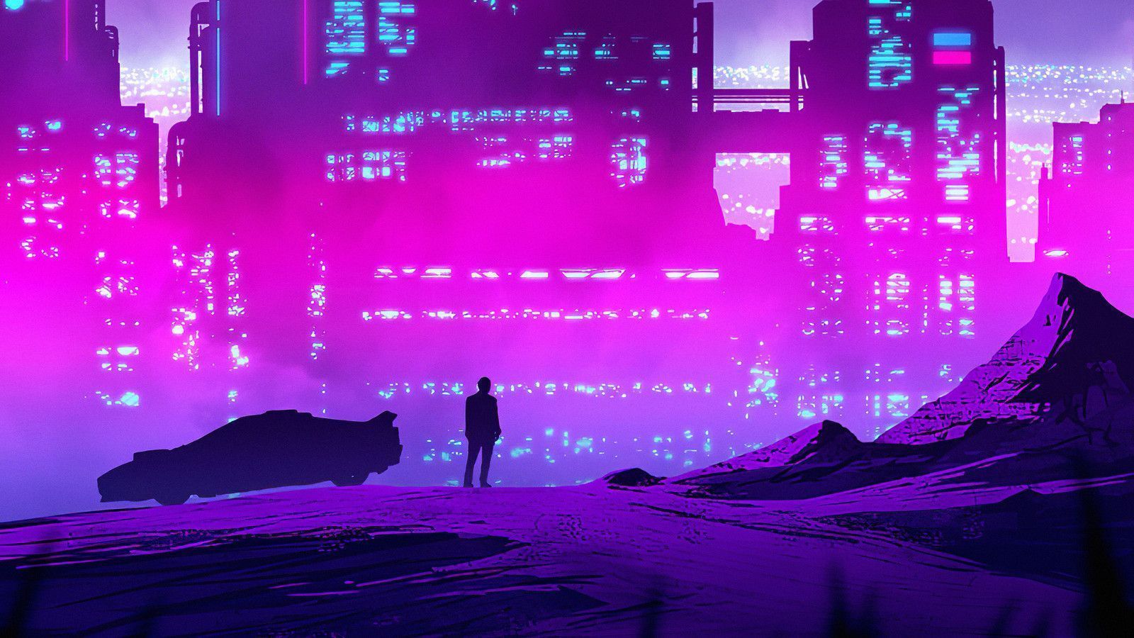 A person standing on a hill looking at a city lit up at night - City, synthwave, gaming