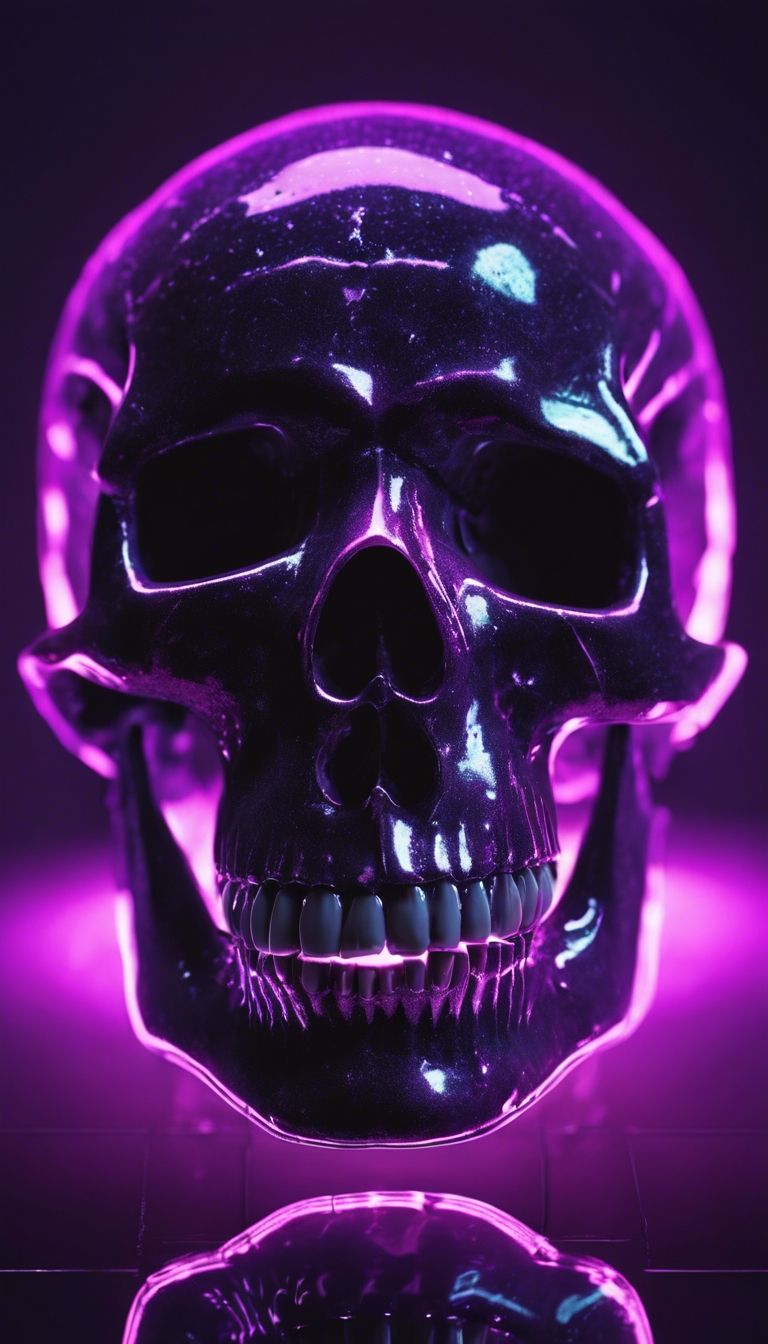 shiny neon purple skull in a dark room