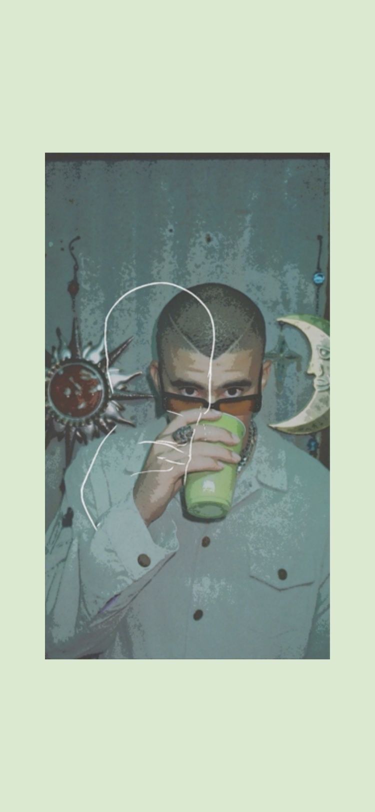 A man drinking from a green cup. - Bad Bunny