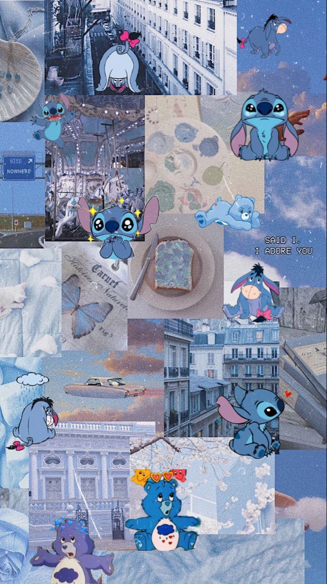 A collage of pictures with stitch in them - Stitch