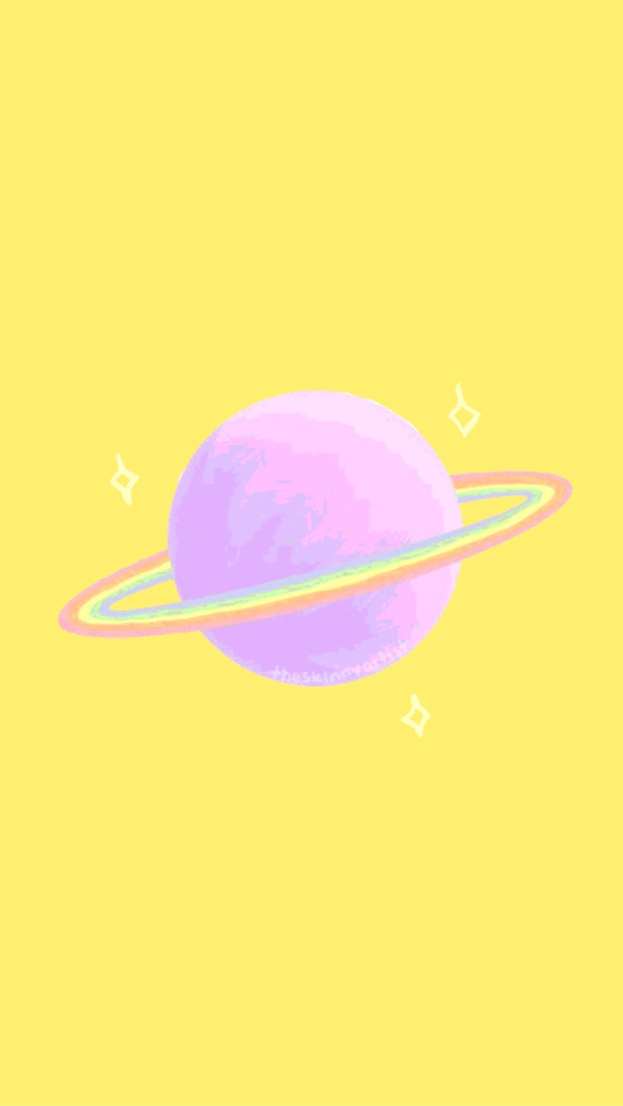 A purple planet with a rainbow ring around it - Yellow, light yellow