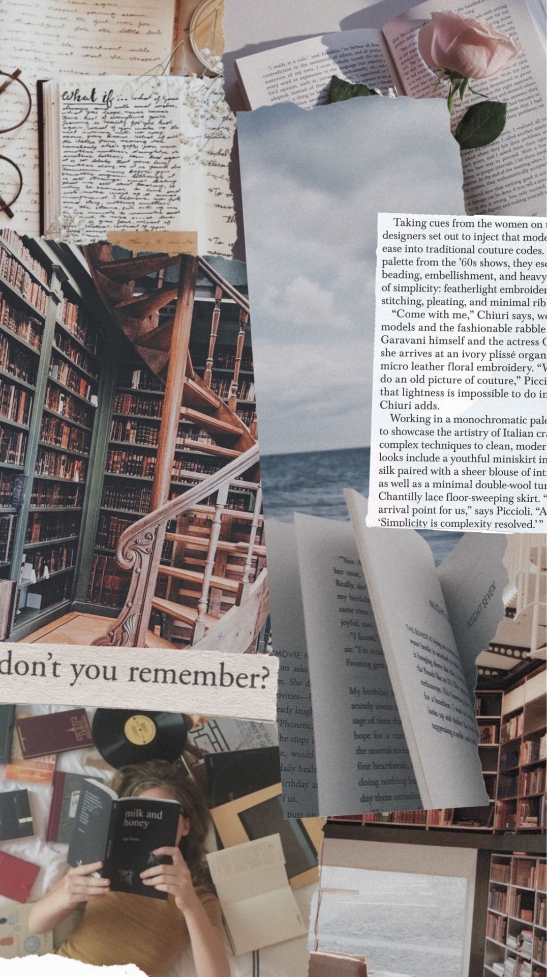 Aesthetic collage of book pages, old letters, and bookshelves - Books