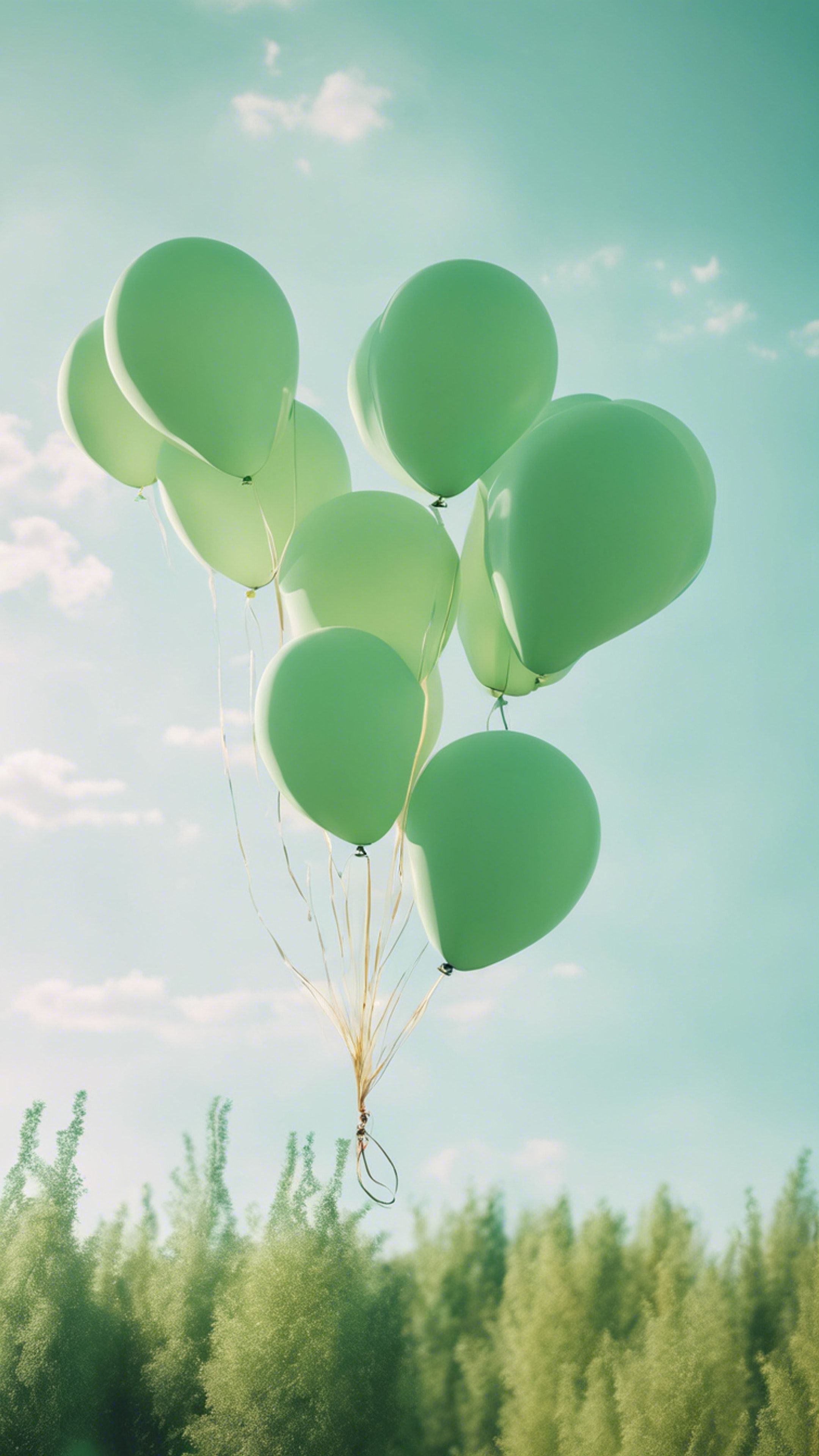 Pastel green balloons flying against a