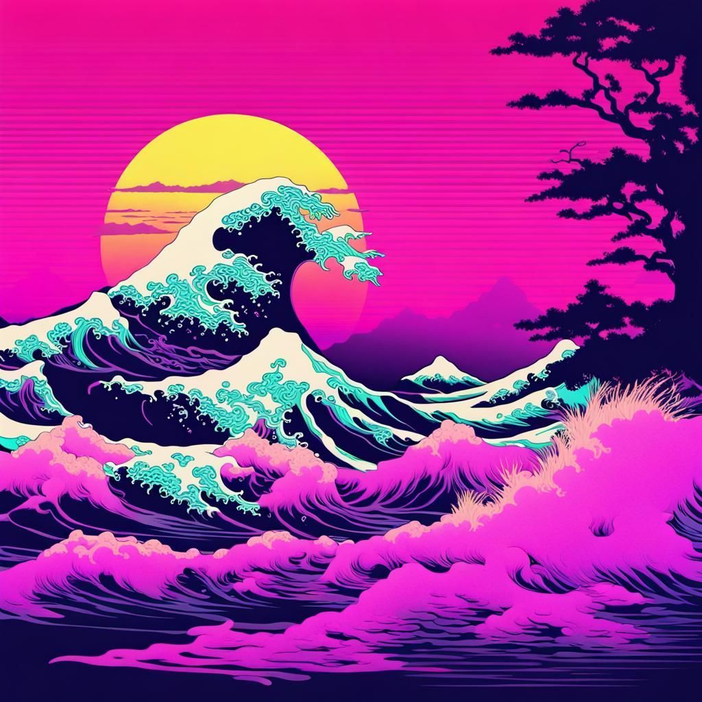 Wave of Kanagawa, vaporwave style, neon