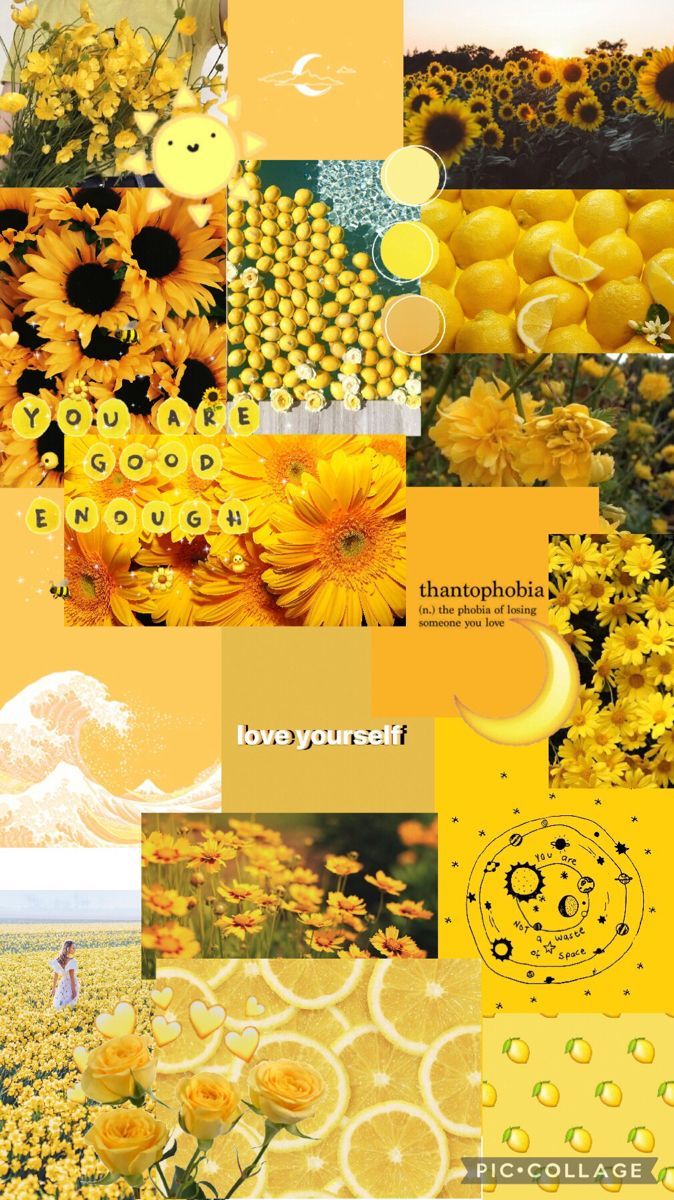 Aesthetic phone background with yellow flowers, fruit, and text. - Yellow
