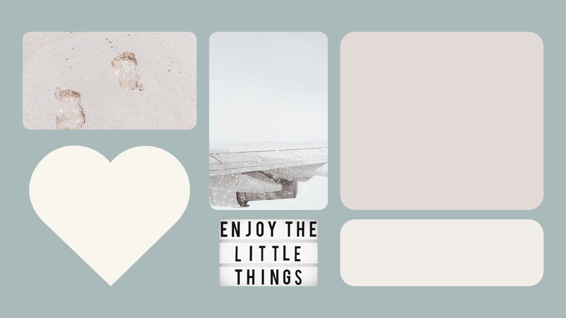 A collage of photos and captions including a heart, footsteps in the sand, a pier, and 