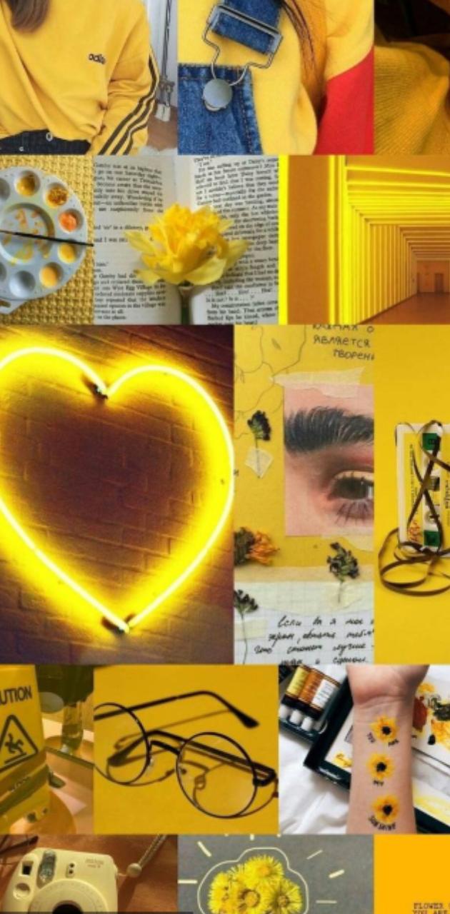 Yellow aesthetic collage with images of yellow flowers, a heart, and a book. - Yellow